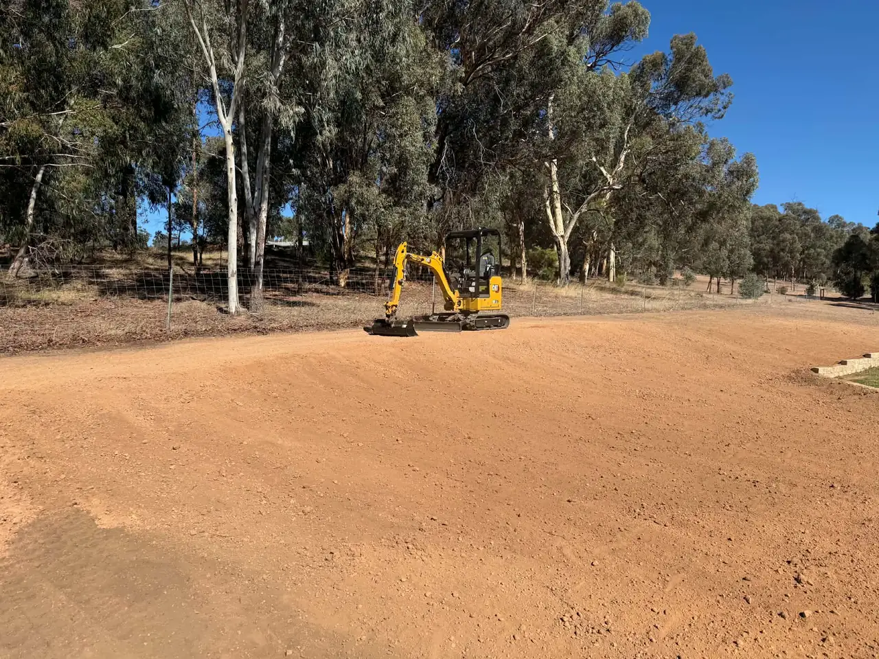 Yellow Cat mini excavator parked at the top edge of a graded red dirt pad beside a stand of gum trees